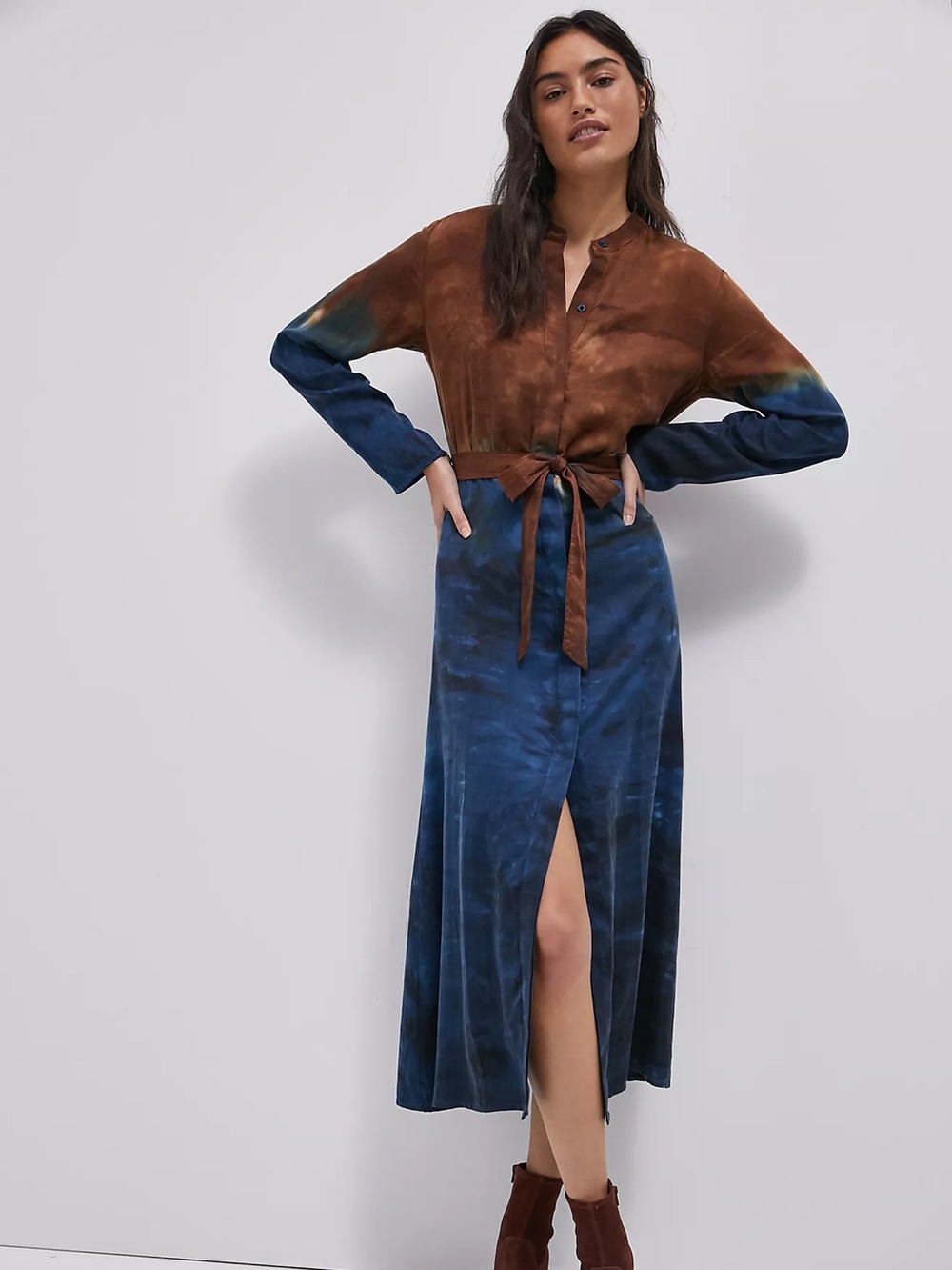 Anthropologie Cloth & Stone Perla Tie-Dye Maxi Shirtdress blue brown size small